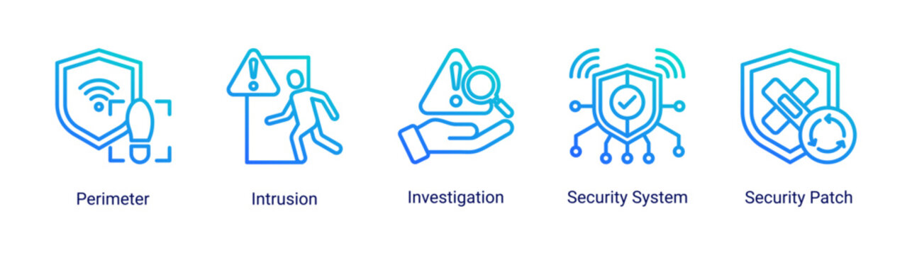 Security System icon set vector illustration with intrusion,investigation,and security patch icons for monitoring and protection systems.