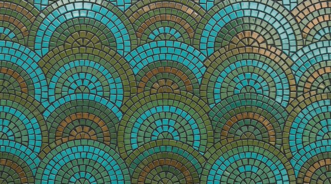 Abstract fanshaped mosaic tile pattern in turquoise, green, and bronze colors