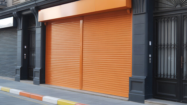 A vibrant orange storefront shutter on a gray urban building with black doors and gates