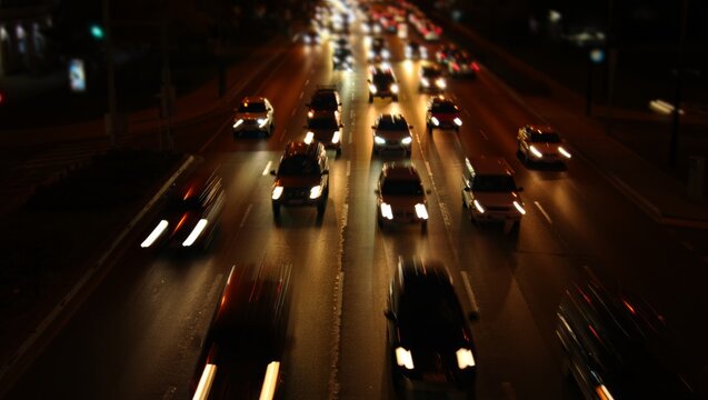 Elevated overhead perspective of a busy multi-lane highway at night packed with vehicles, glowing headlights creating a river of light, tilt-shift effect producing shallow depth of field, moody and