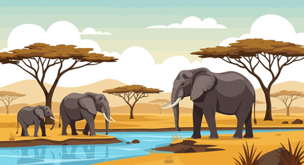 Fototapeta premium Three African elephants drinking water from a river in the savanna.