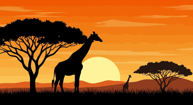Silhouette of a mother giraffe and her baby against a vibrant sunset in the African savanna.