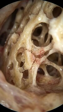 Pathologic bone porosity: osteoporosis progress, skeletal matrix, trabecular network, calcium deplete, bone fragility, cellular change.