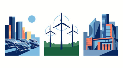 Obraz premium Illustration showcases sustainable urban development with solar panels and wind turbines
