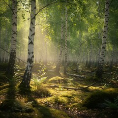 Obraz premium Bright Sunlit Birch Forest Path with Lush Green Foliage