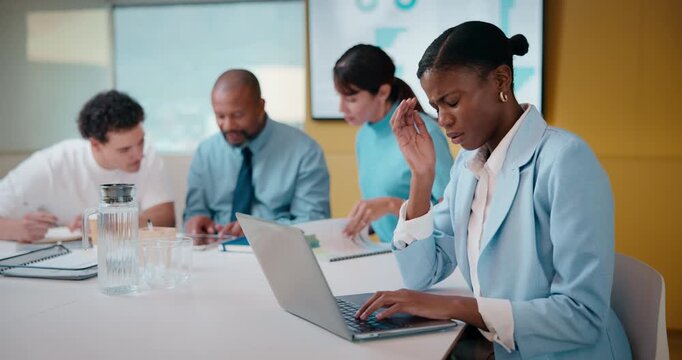 Finance, headache and laptop with woman in meeting for review of data, charts or statistics. Computer, graphs and stress with broker in financial workplace for burnout or investment planning