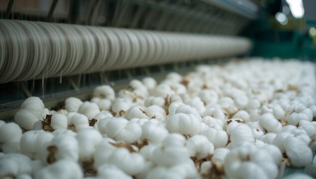 Raw Cotton Fibers Processing In Textile Factory Close Up