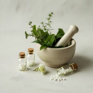 Mortero cer&aacute;mico con hierbas medicinales frescas y peque&ntilde;os frascos de vidrio con gl&oacute;bulos de homeopat&iacute;a sobre fondo blanco