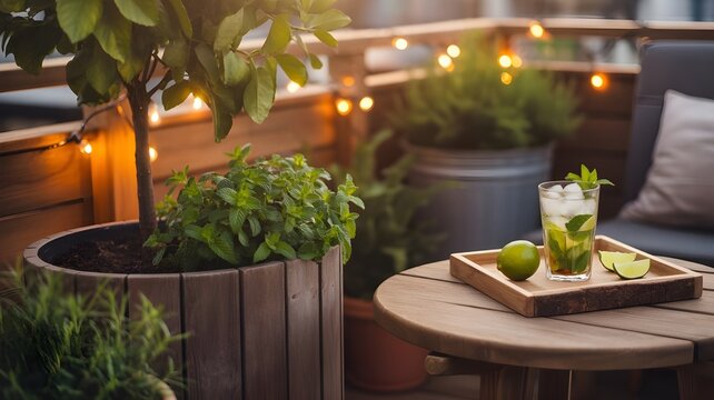 C&oacute;ctel mojito refrescante con lima y menta en una mesa de madera en una terraza o balc&oacute;n acogedor decorado con plantas y luces al atardecer