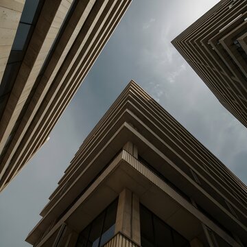 Perspectiva en &aacute;ngulo contrapicado de rascacielos modernos de hormig&oacute;n bajo un cielo nublado, concepto de arquitectura urbana y corporativa