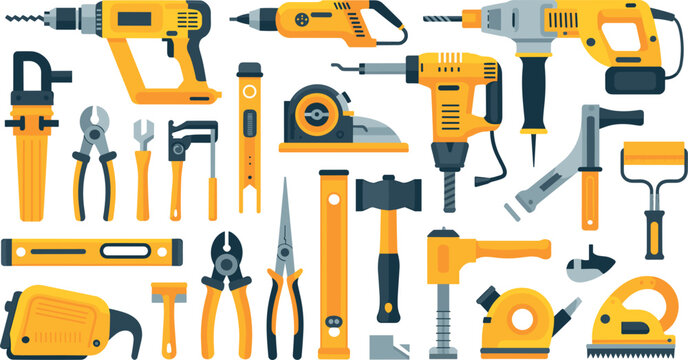 Yellow handyman construction work power tools and repair equipment set collection isolated on white background vector