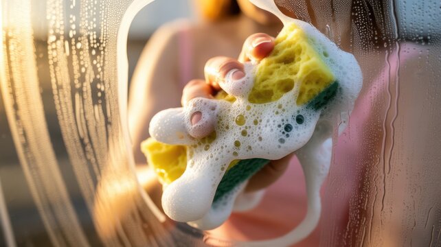 Hand cleaning a glass surface with a soapy yellow sponge and bubbles against a sunny background