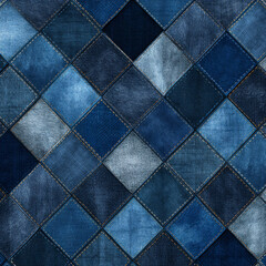 Fototapeta premium Denim blue patchwork squares seamless pattern with various textures and shades creating stylish and dynamic fabric design