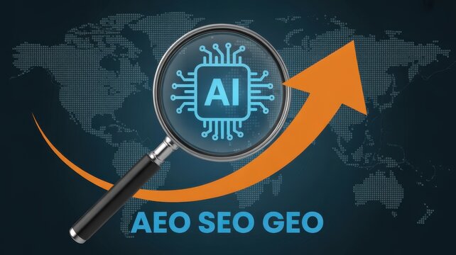 AI search engine optimization featuring AEO SEO GEO with magnifying glass and growth arrow over world map