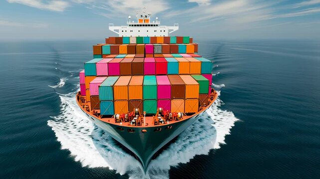 Cargo ship navigating through calm waters, showcasing colorful stacked containers on deck, with clear blue sky and gentle waves in the background