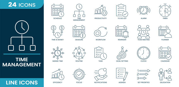 Time management icon set. schedule, time management, productivity, to do list, alarm, efficiency, planner, workflow, focus, agenda, deadline, organization. Line icons.