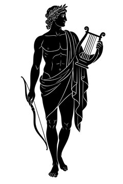 Apollo Greek god of music sunlight prophecy and poetry with lyre and bow classical silhouette illustration