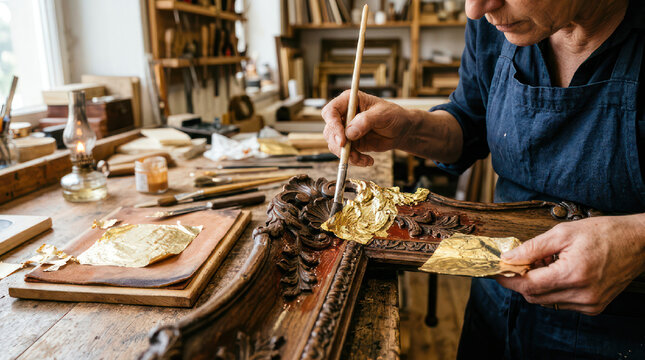 Restorer Carefully Applies Gold Leaf to Antique Picture Frame.
