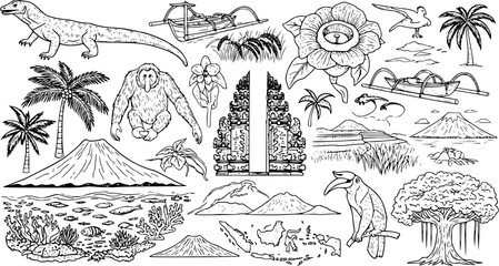 Black and White Line Art of Indonesian Wildlife and Scenery Icons © devanca