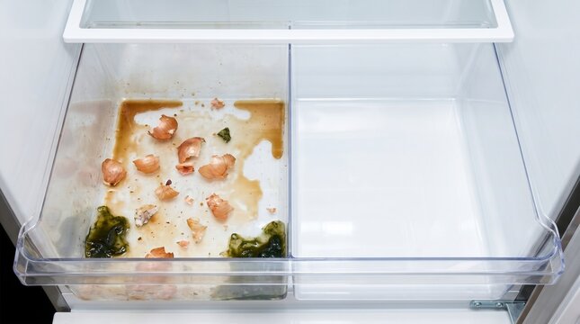 Unhygienic dirty refrigerator drawer filled with rotten food scraps and mold.