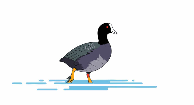 A coot bird with black head and red eyes walks in shallow blue water