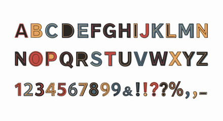 Fototapeta premium A colorful alphabet font set with numbers and symbols