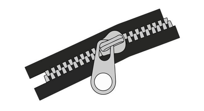 A close-up of a partially closed zipper with a gray pull tab on a black fabric strip