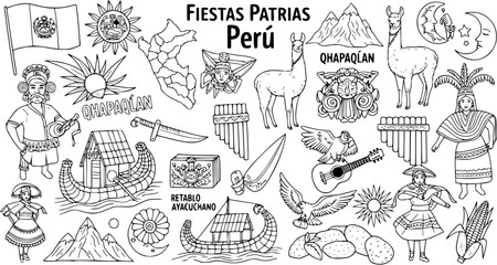 Peruvian Culture and Fiestas Patrias National Symbols Black  White Line Art Collection. Outline illustration of Peru's heritage. © devanca
