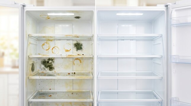 Unsanitary and Pristine Refrigerator Interior: Before and After Deep Cleaning