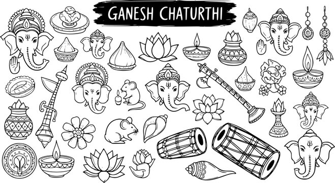 Ganesh Chaturthi Hindu Festival Black and White Line Art Doodle Icons Set. Hand-drawn Lord Ganesha, Puja Elements  Religious Symbols for Indian Culture.