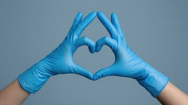 Hands wearing blue nitrile gloves forming a heart shape against a grey background