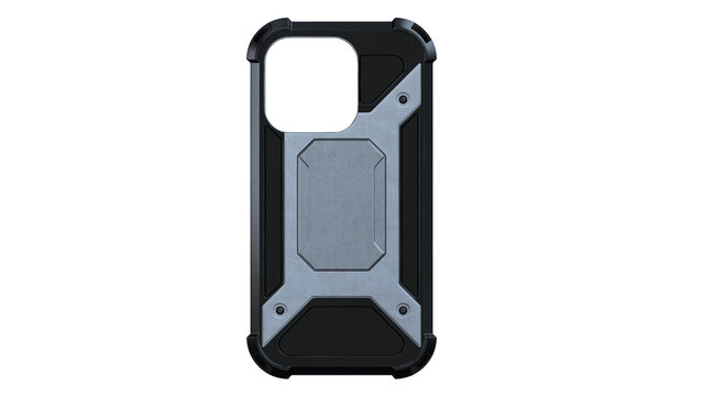 Isolated back view of a generic rugged smartphone case with a transparent square camera cutout. Heavy duty phone cover mockup on transparent background for easy graphic design placement.