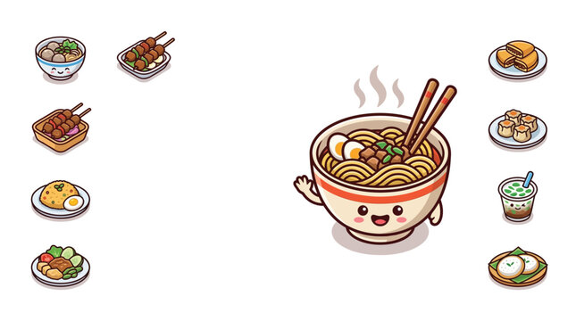 Cute chibi flat vector illustration set featuring a smiling ramen bowl character with chopsticks and various Indonesian street food icons like satay, fried rice, and dim sum.