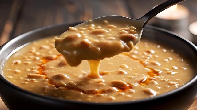 Delicious Dal Makhani Served in a Black Bowl with Spoon.