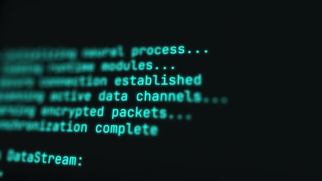 Cyan monospace code scrolling on dark screen, simulating AI initialization, neural processing, and encrypted data stream. Cinematic blur and camera angle.