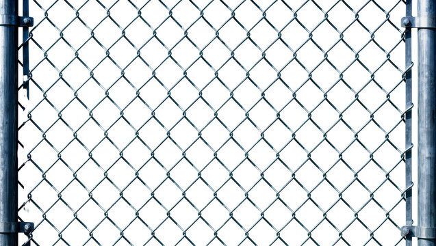 Galvanized metal chain link fence with steel posts, isolated on transparent background