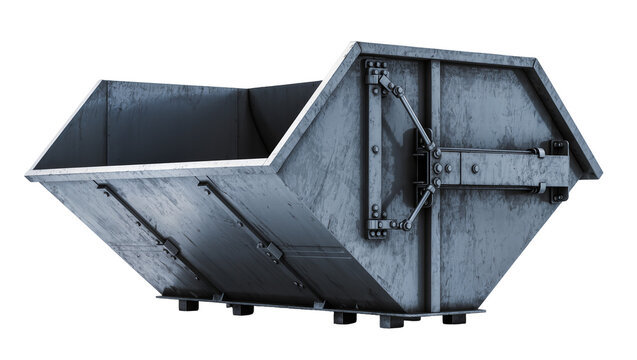 Heavy duty metal skip bin with hinged lid mechanism, isolated on transparent background
