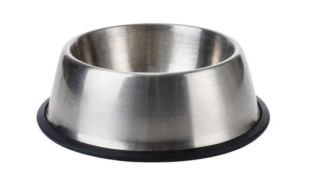 Shiny metallic pet bowl with black rubber base, isolated on transparent background
