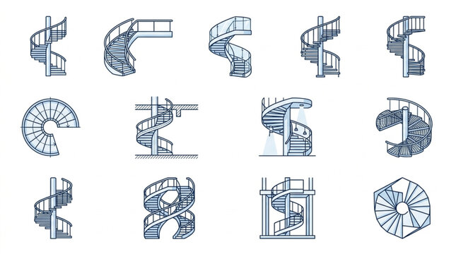 Collection of various spiral staircase designs and blueprints.