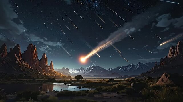 A bright meteor shower illuminates the dark night sky above mountains