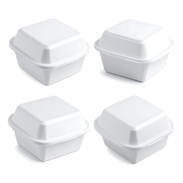 Four identical white styrofoam takeout food containers arranged in a two by two grid, isolated on a white background, ready for branding
