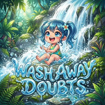 Cute Girl Splashing in a Waterfall with Inspirational Text Wash Away Doubts