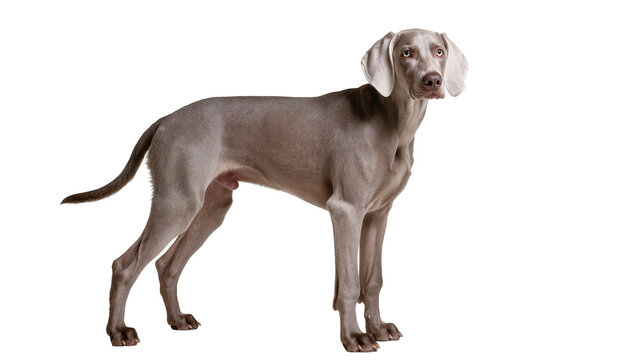 Elegant Weimaraner dog standing, isolated on transparent background