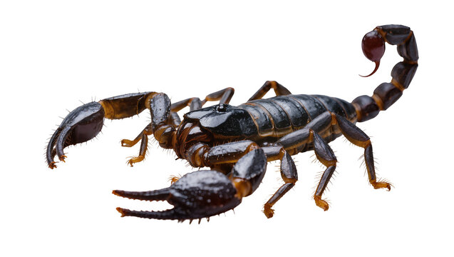 Dark segmented scorpion with large pincers and curved tail, isolated on transparent background