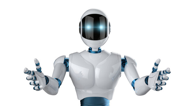 Futuristic humanoid robot with open arms, isolated on transparent background