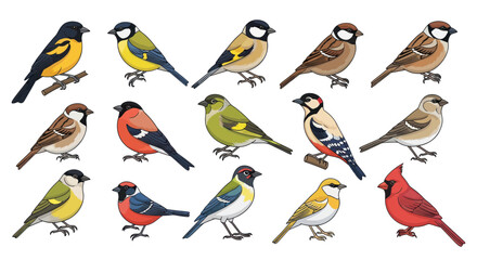Collection of Diverse Small Birds Perched on Branches, Watercolor Style © Duki