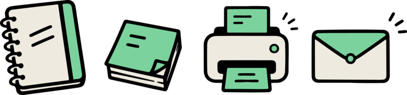 A collection of four hand-drawn style office and stationery icons, featuring a spiral notebook, a stack of sticky notes, a printer, and a closed envelope.