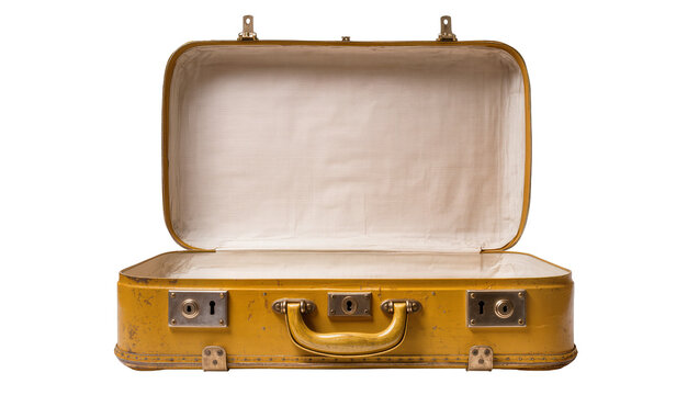 Vintage yellow suitcase with metal clasps and handle open and empty, isolated on transparent background