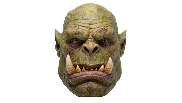Detailed green orc head mask with large tusks, isolated on transparent background