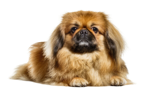 Fluffy golden pekingese dog lying down, isolated on transparent background
